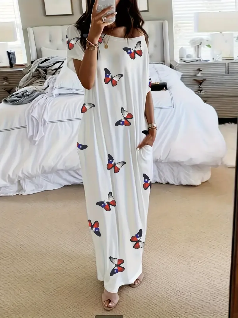 Casual Butterfly Print Lounge Dresses, Short Sleeve Round Neck Baggy Home Dress, Women's Loungewear & Dresses