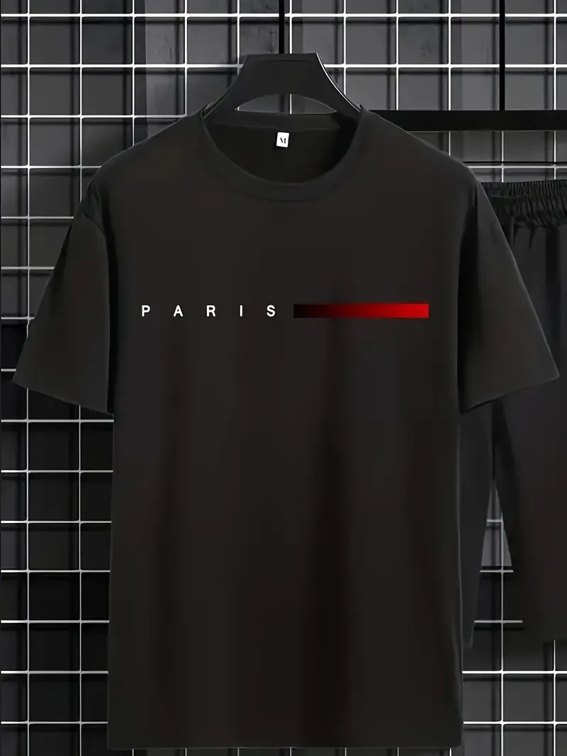 2-piece Men's PARIS Alphabet Print Summer Outfit Set, Short Sleeve Crew Neck T-shirt & Elastic Waist Shorts With Pockets
