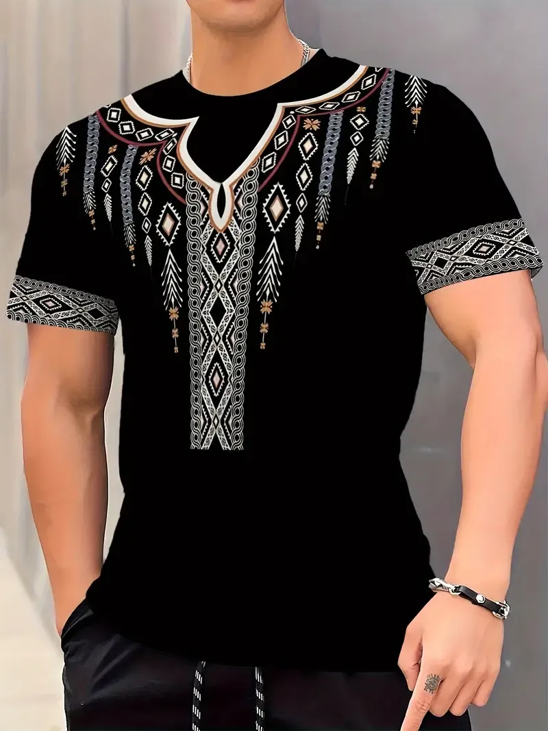Retro And Ethnic Style Geometric Print Crew Neck And Short Sleeve T-shirt, Men's Summer Leisure Top For Daily And Outdoors Wear