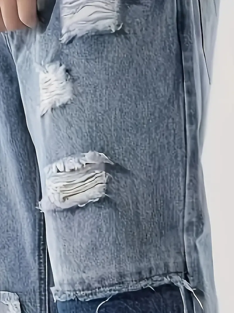 Loose Fit Men's Casual Denim Pants, Chic Street Style Patchwork Jeans K-pop