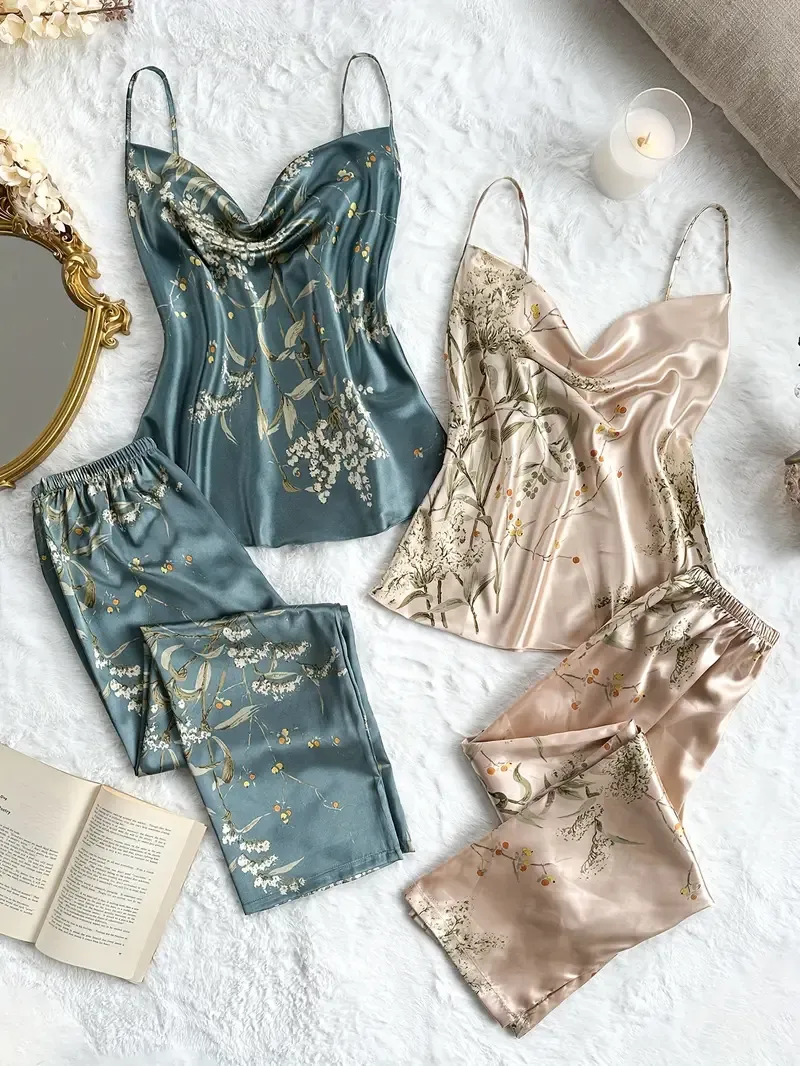 2 Sets Satin Women's Floral Print Pajama Set, Comfortable Relaxed Fit, Turtleneck Backless Cami Top & Pants, Summer Nightwear