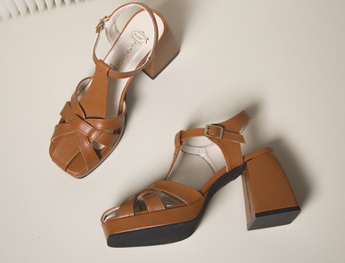 Fashionable square toe hollowed-out sandals with thick heels