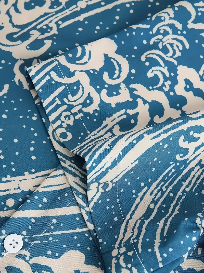 Men's Waves Carnival Arts Pattern Short Sleeve Lapel Shirt For Summer, Casual Comfy Tops As Gift