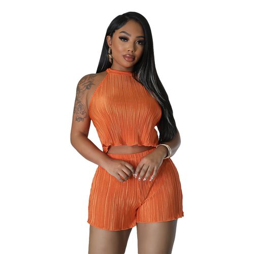 Summer leisure fashion pleated sleeveless vest shorts two-piece set