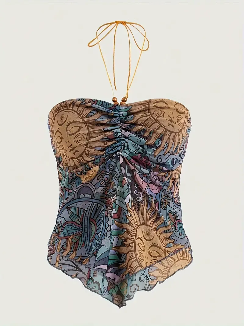 Graphic Print Drawstring Halter Top, Sexy Hanky Hem Backless Summer Top, Women's Clothing