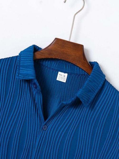 Men's Solid Color Ribbed Short Sleeve Single-breasted Lapel Shirt, Summer Fashion Tops For Casual And Daily Outerwear