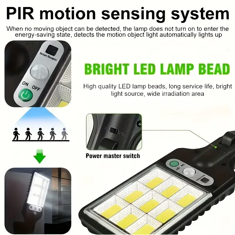 1pcs Outdoor Solar 108COB Sensor Street Lamp, Human Induction Light with Remote Control, IP65 Waterproof 3 Light Modes, Security Light, for Garden Patio Path Exterior Wall Porch Street Lighting