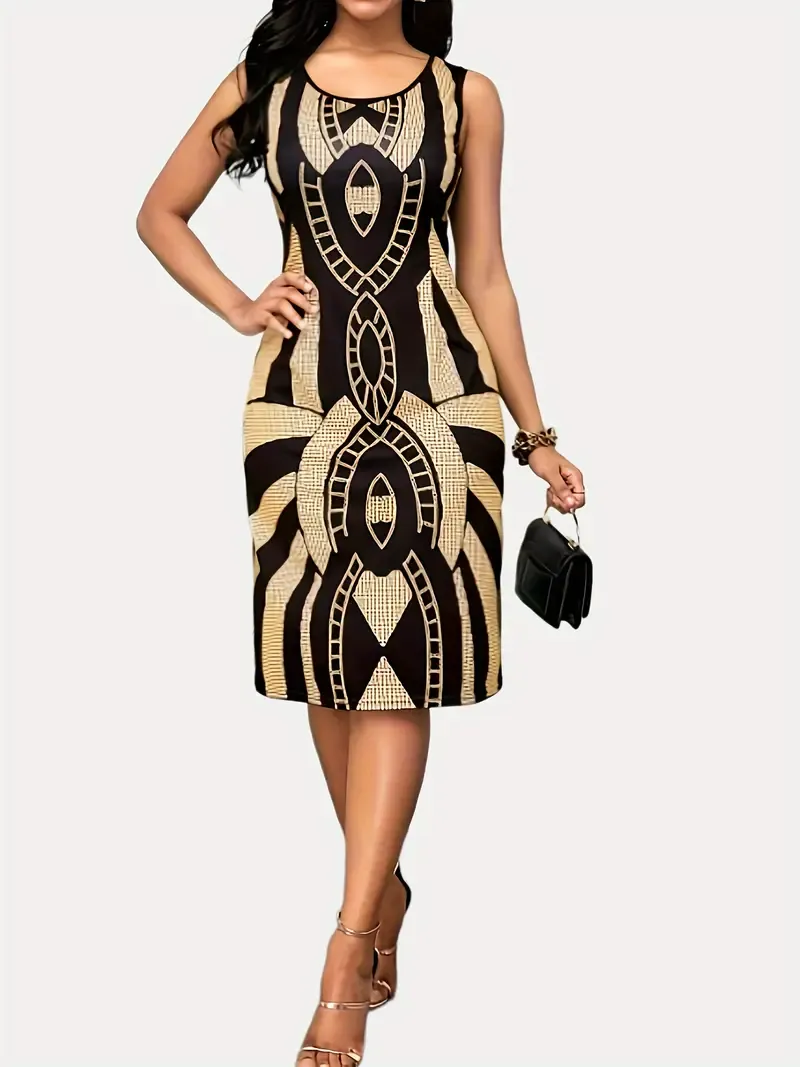 Graphic Print Crew Neck Tank Dress, Elegant Sleeveless Sheath Tank Dress For Spring & Summer, Women's Clothing