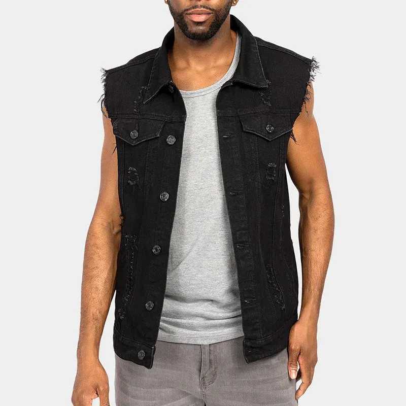 New Mens Denim Vest Ripped Jean Jacket