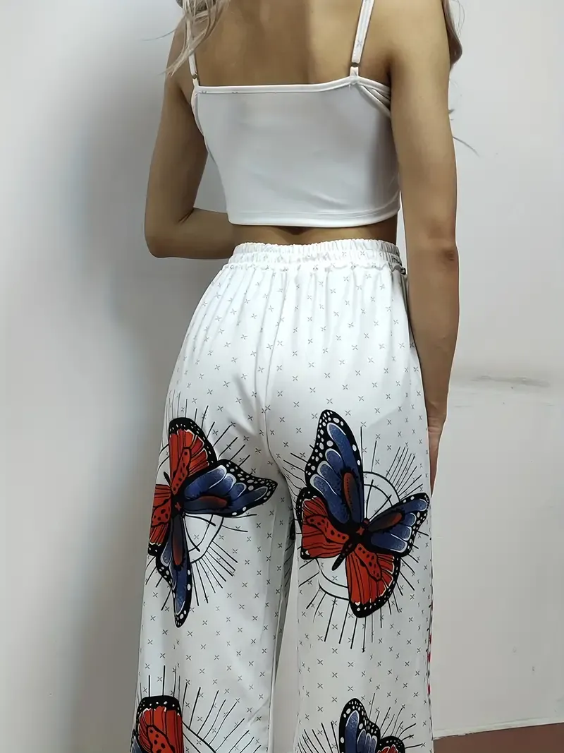 Sexy Butterfly Print Two-piece Set, Backless Crop Halter Top & Wide Leg Pants Outfits, Women's Clothing