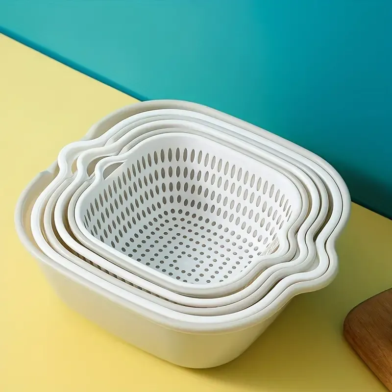 6-Piece Double-Layer Plastic Draining Basket Set - Multifunctional Kitchen Strainers for Vegetables, Fruits, Snacks | Nestable Colanders with Drip Basin | Stackable Food Prep & Storage Containers