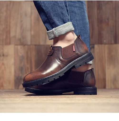 New men's casual ankle boots, British style, trendy genuine leather, fashionable low-top men's boots, Korean style.