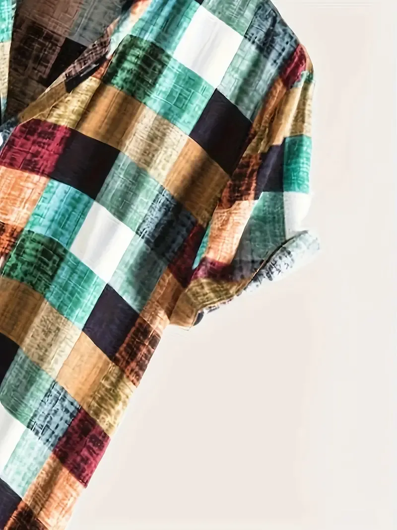 Plaid Men's Shirt Top Turn-Down Collar Short Sleeve Closure Male Casual Shirt For Men Daily Vacation Streetwear