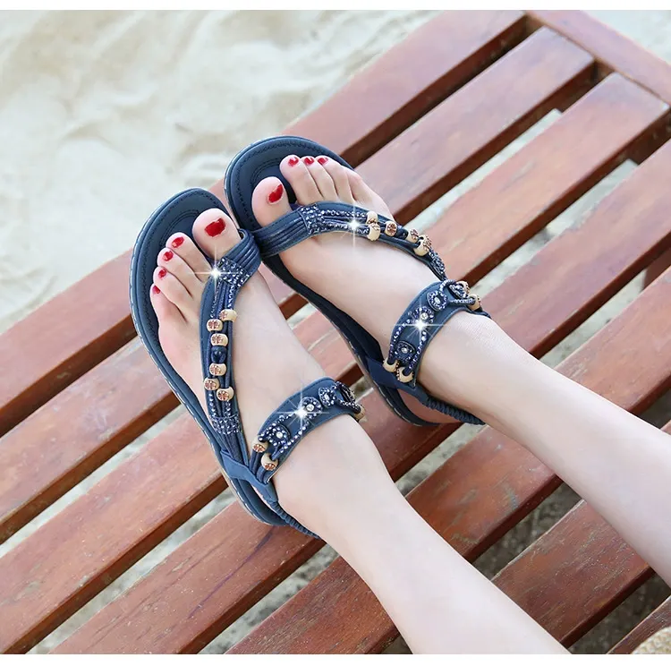 Retro rhinestone beaded sandals, round-toed flat sandals, and cowhide soft-soled shoes