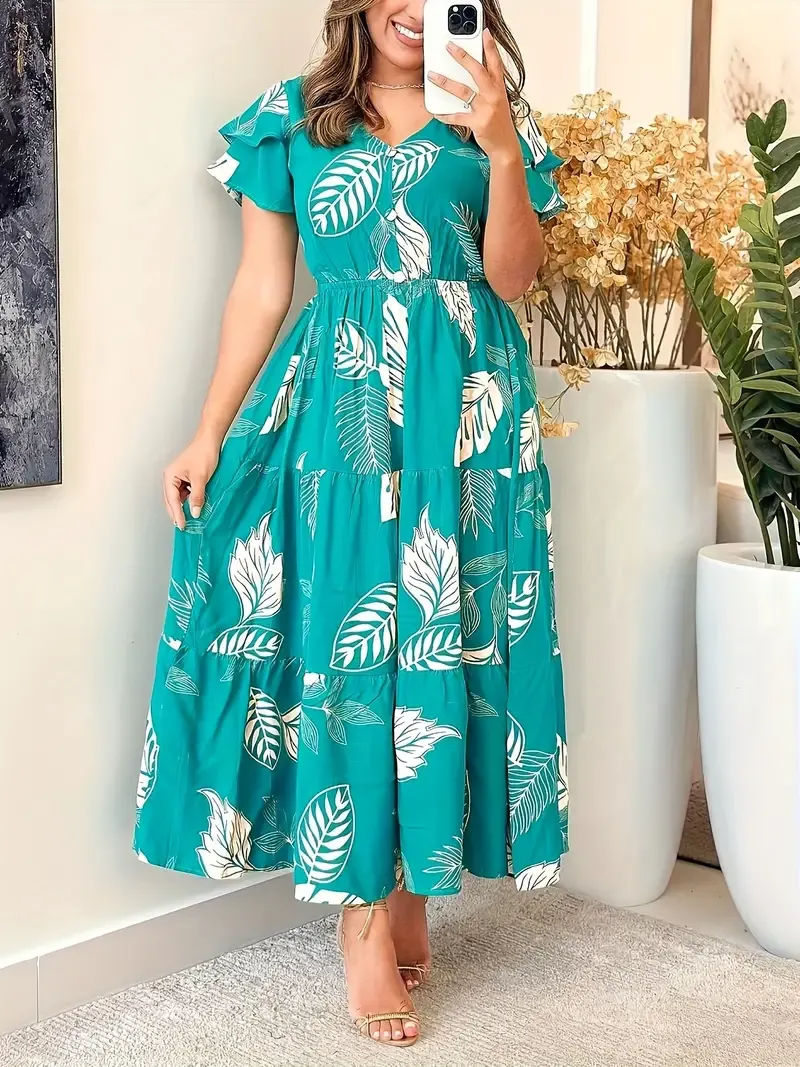 Feather Print V Neck Dress, Elegant Tiered Sleeve Midi Dress For Spring & Summer, Women's Clothing