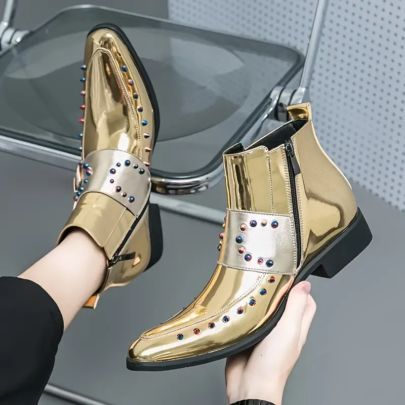🔥🔥Hot Sale Promotion -Golden Chelsea Boots - Mid-Top, Fashionable Dress Shoes with Side Zipper for Men & Women, Durable Rubber Sole