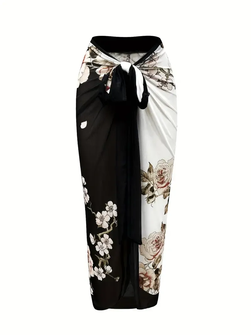 Floral Pattern 2 Piece Swimsuits, Bow Tie Shoulder Straps One-piece Bathing-suit & Cover Up Skirt, Women's Swimwear & Clothing