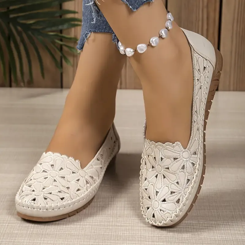 Comfortable Flats Lightweight, Comfortable Women's Fashionable Cut-Out Slip-On Flats | Synthetic Upper, Decorative Lace Design, White and Beige, Casual Attire, Casual Footwear