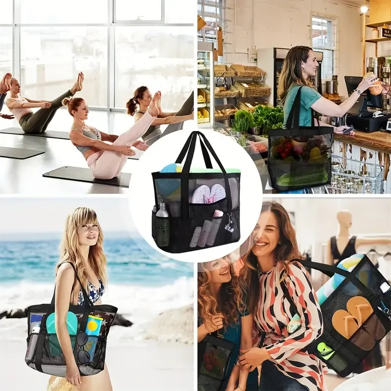 Extra-Large Mesh Beach Tote - Sandproof Swim Bag with Zipper & Pockets, Lightweight & Foldable for Pool, Boat, and Vacation Essentials