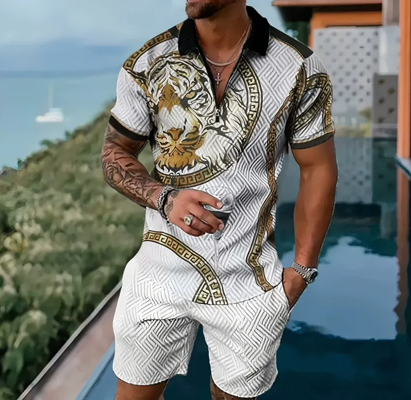 European and American men's new casual contrast color POLO zipper lapel shirt short sleeve suit