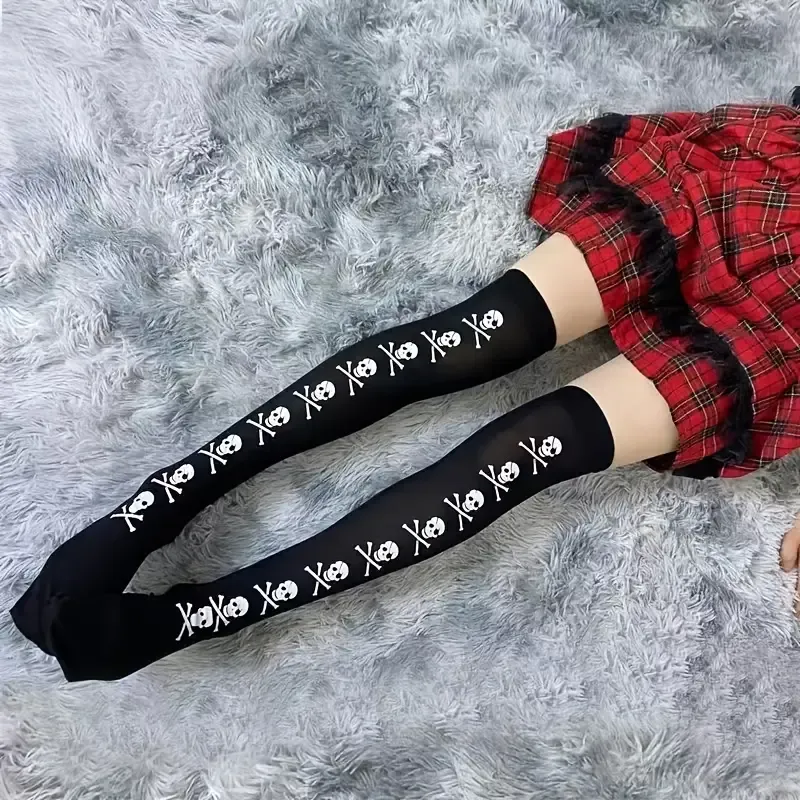 Skull Print Thigh High Socks