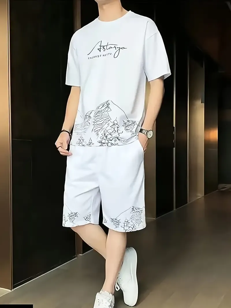 2pcs, Men's Mountains And Trees Print Outfit, T-shirt & Shorts Set, Men's Clothes For Summer