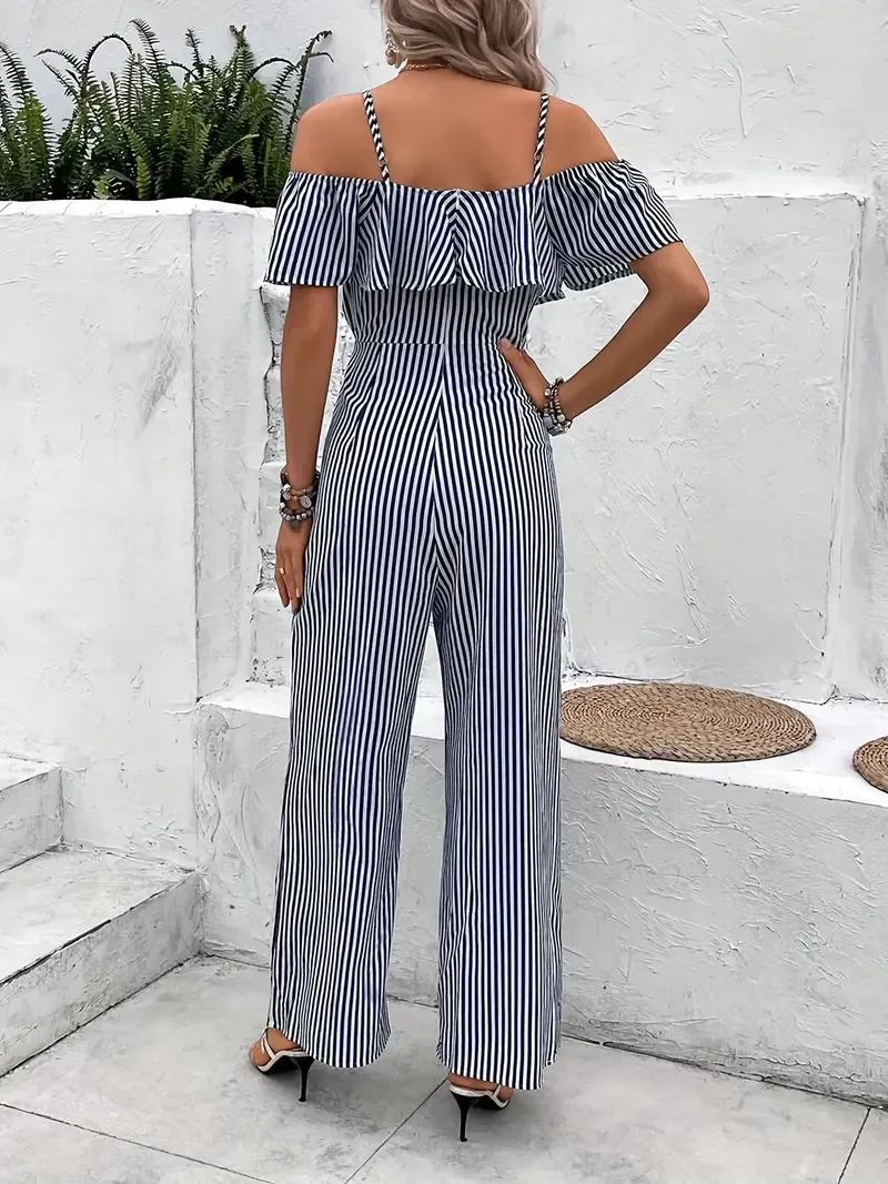 Summer Striped Spaghetti Strap Jumpsuit with Ruffle Trim, Straight Leg, Women's Clothing for Vacation Style