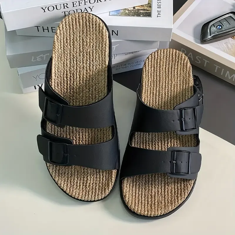 Men's Vintage Solid Color Open Toe Breathable Slippers, Comfy Non Slip Casual Durable Double Buckle Straps Slides, Men's Footwear