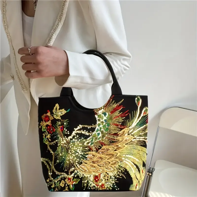 Women's Embroidered Satchel Bag, Fashion Double Handle Purse, Retro Style Handbag With Removable Strap