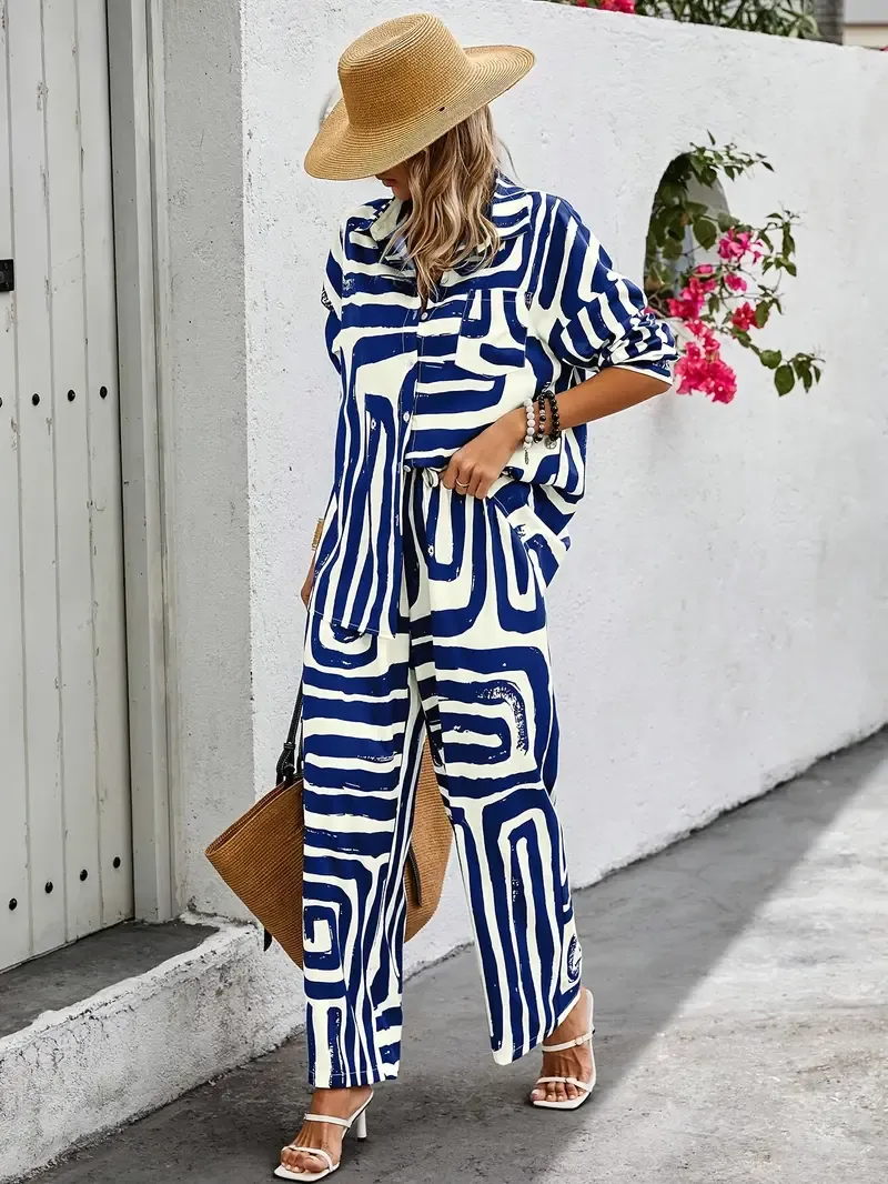 Women's Casual Striped Two-pcs Set: Drop Shoulder Long Sleeve Shirt & Tie-Waist Pants - Polyester, Machine Washable