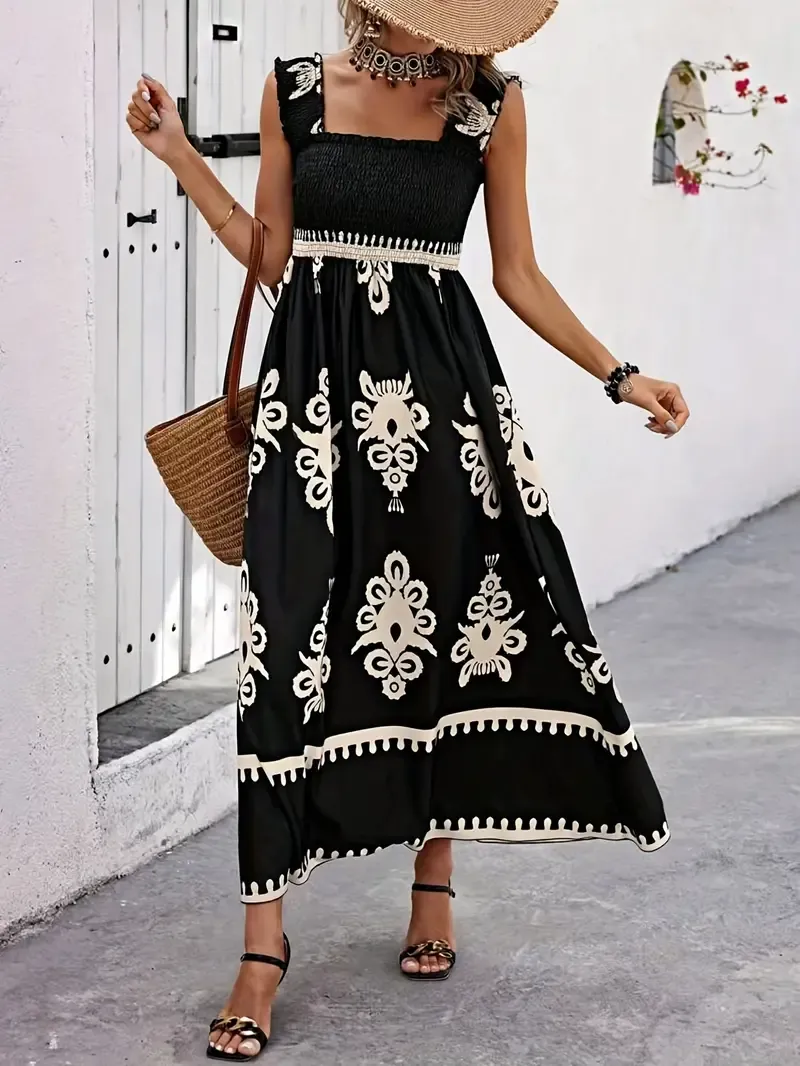 Wide Strap Graphic Print Dress, Sleeveless Cami Vacation Dress for Spring & Summer, Elegant Women's Clothing
