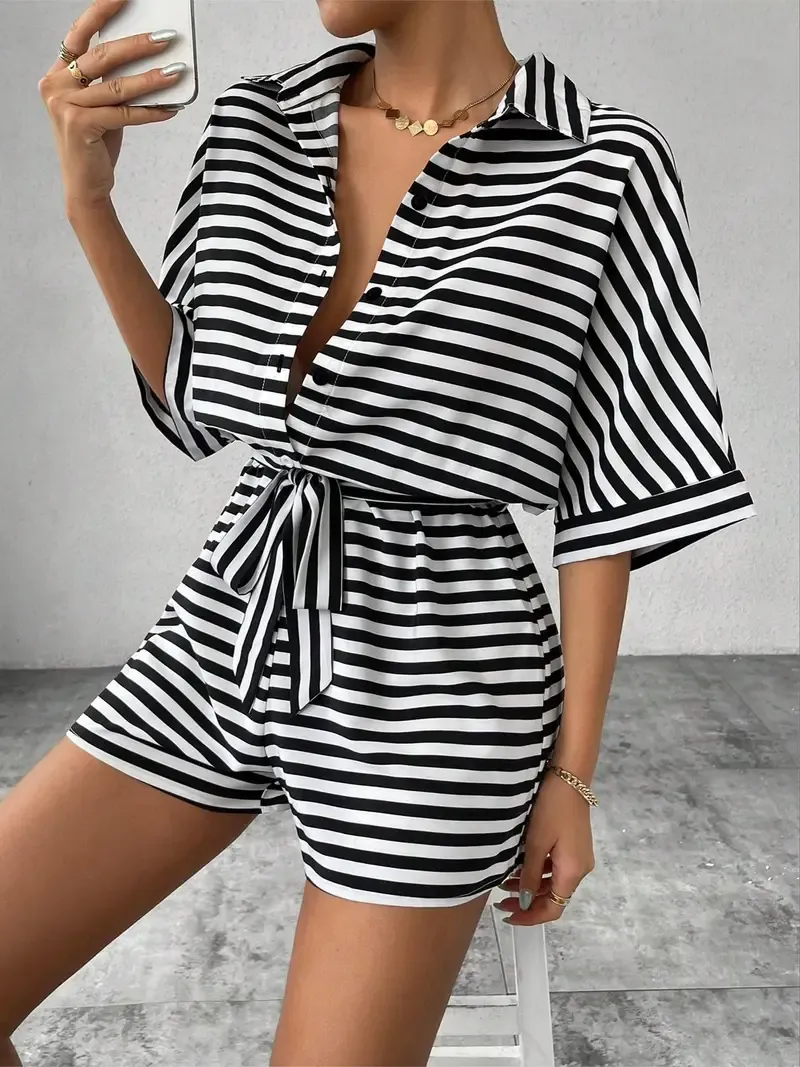 Striped Button Front Romper, Casual Short Sleeve Tie Waist Romper Jumpsuit For Spring & Summer, Women's Clothing