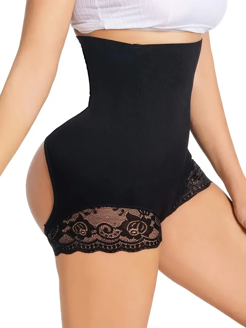 Lace Trim Shaping Panties, High Waist Tummy Control Open Butt Panties, Women's Underwear & Shapewear