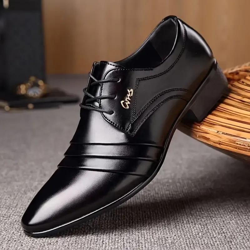 Men's Sleek Black Faux Dress Shoes - Fashionable Lace-Up Business Footwear with Durable TPU Sole