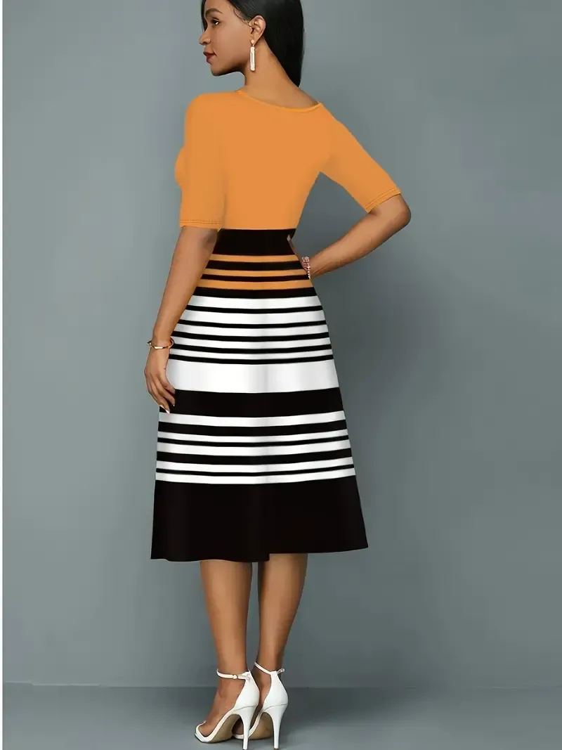 For Summer, Elegant Half Sleeve Midi A-line Striped Crew Neck Dress, Women's Clothing
