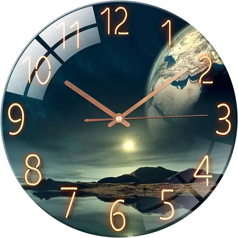 12-Inch Silent Glass Wall Clock with Earth Landscape Design - Thick Tempered Glass, Battery Operated (AA), Perfect for Living Room & Bedroom Decor, Ideal Gift for Christmas, Halloween, Birthdays