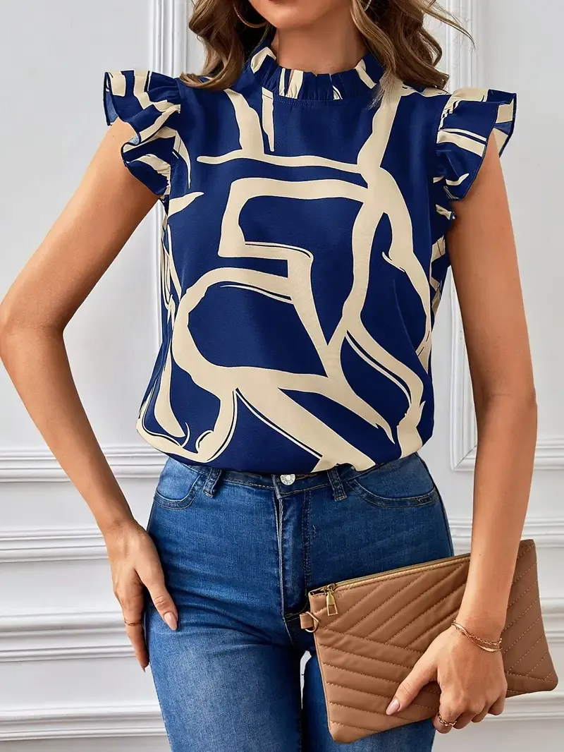 Graphic Print Mock Neck Blouse, Elegant Flutter Sleeve Keyhole Back Blouse For Spring & Summer, Women's Clothing