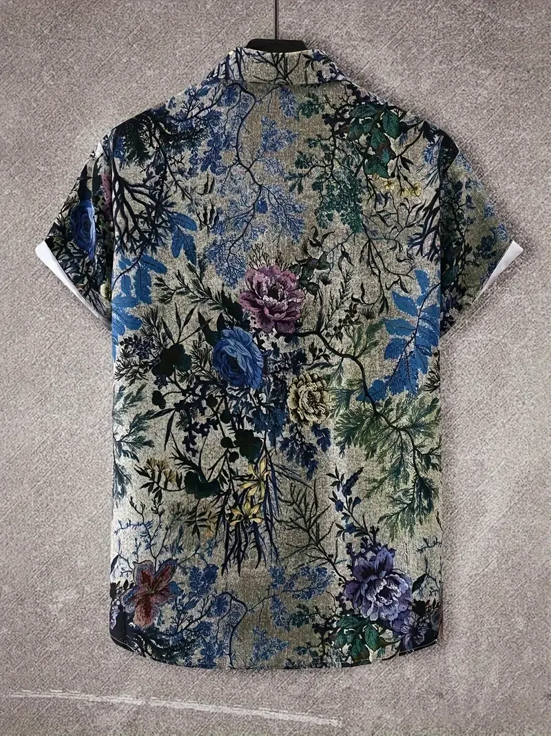 Vintage Style Men's Floral Allover Print Short Sleeve Lapel Shirt Top, Male Casual Button Up Shirt For Daily And Vacation Resorts