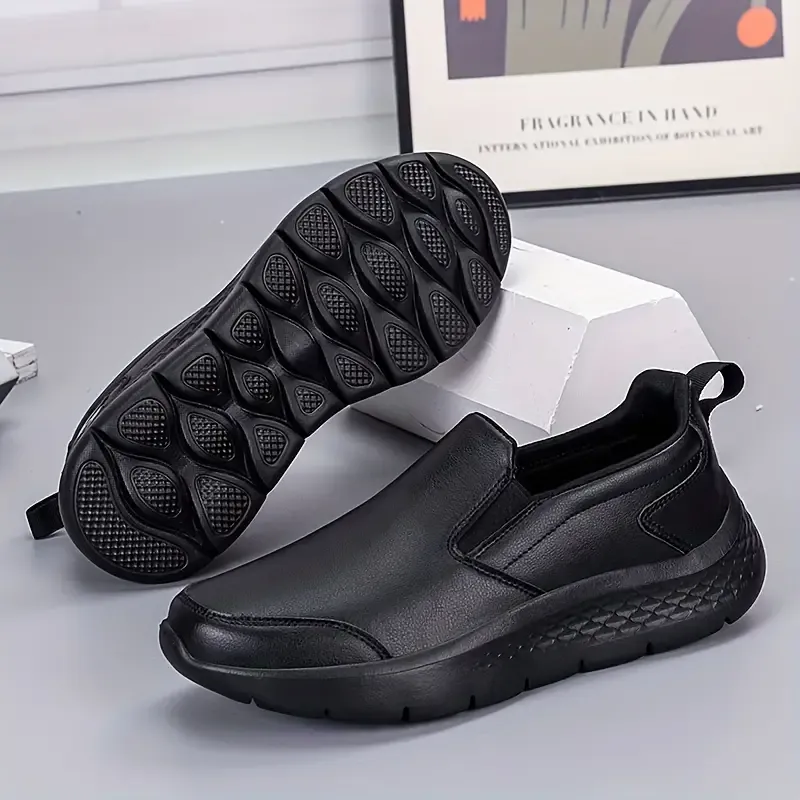 Men's Slip-On Sneakers - Casual Sport Loafers with Solid Color, Non-Slip Rubber Sole, Comfort Shock Absorption, Waterproof Oil-Resistant, Round Toe PU Upper, Fall Lightweight Athletic Shoes Without Lining