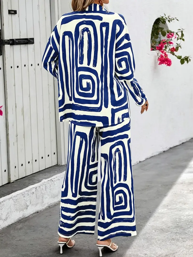 Women's Casual Striped Two-pcs Set: Drop Shoulder Long Sleeve Shirt & Tie-Waist Pants - Polyester, Machine Washable