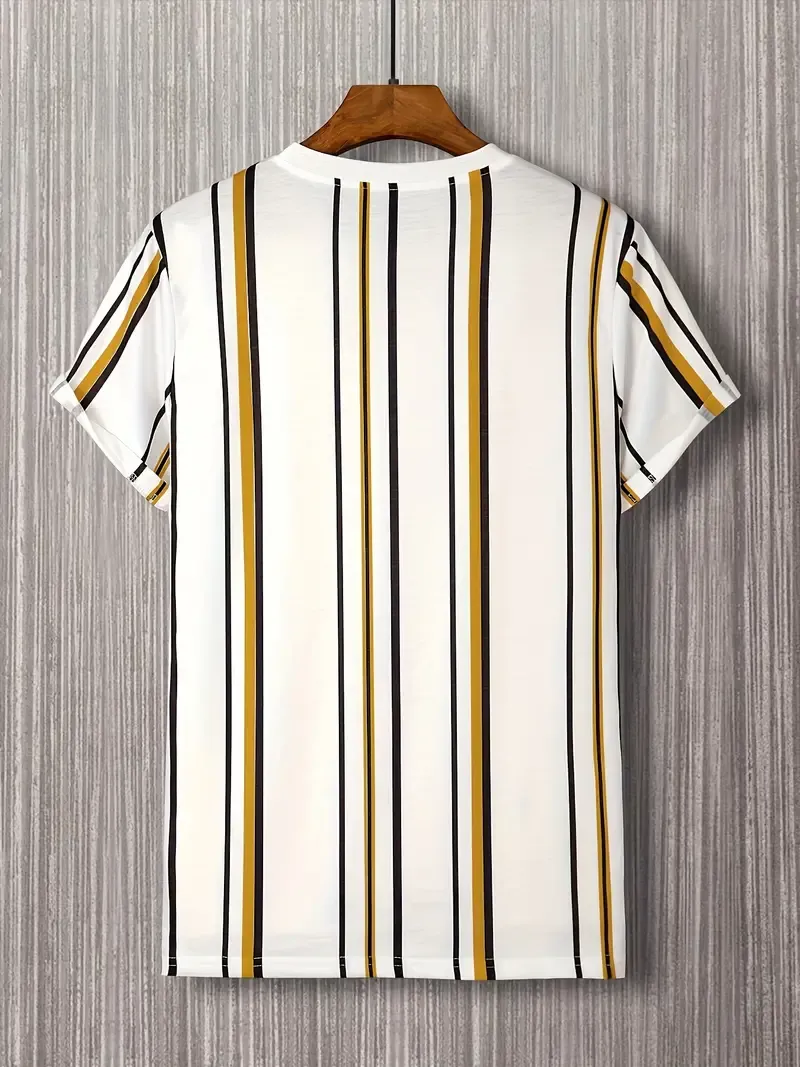 Graffiti Letter And Stripe Print Crew Neck And Short Sleeve Summer Fashion T-shirt, Leisure Tops For Men's Outdoors And Casual Wear