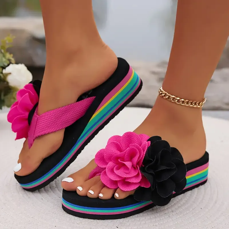 Women's Flower Decor Flip Flops, Casual Clip Toe Summer Shoes, Comfortable Slip On Beach Shoes