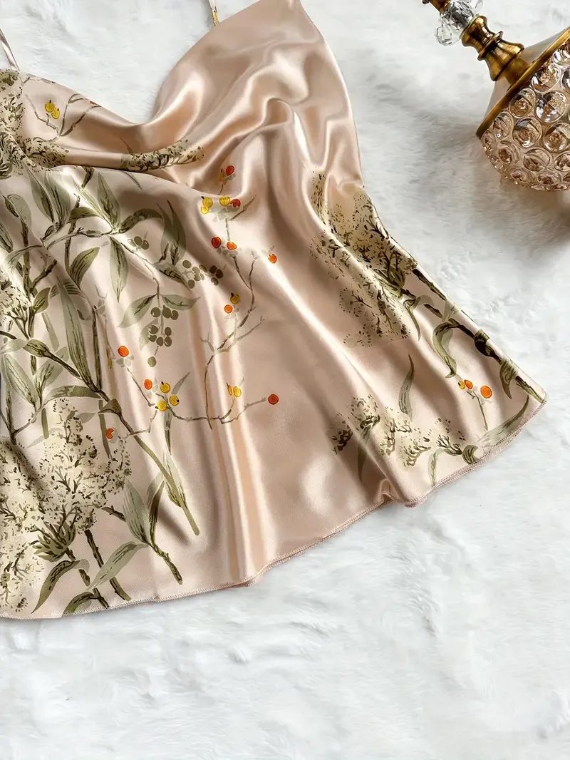 2 Sets Satin Women's Floral Print Pajama Set, Comfortable Relaxed Fit, Turtleneck Backless Cami Top & Pants, Summer Nightwear