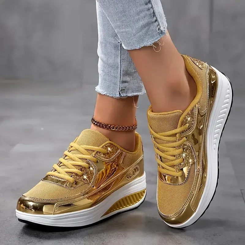 Women's Fashion Shiny Golden Lightweight Walking Sneakers, Comfortable Athletic Outdoor Shoes, Modern Breathable Mesh Design With Platform Sole