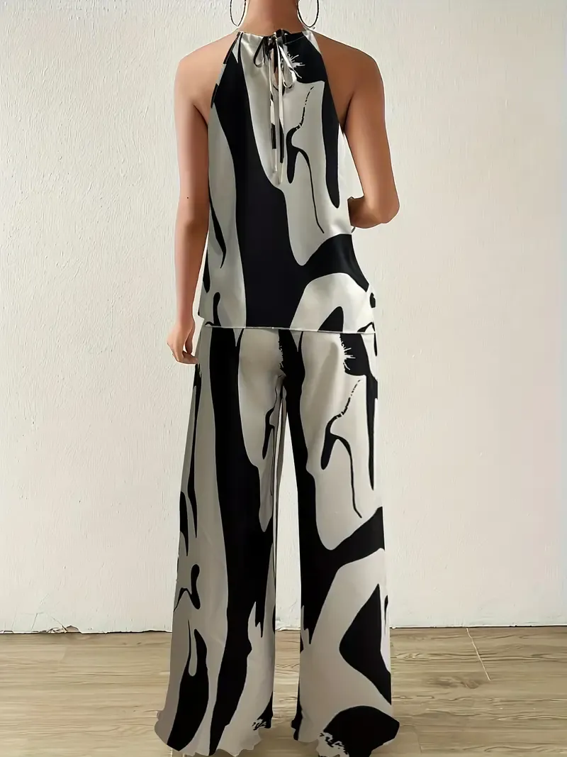 For Spring & Summer, Wide Leg Loose Pants & Ruched Halter Neck Blouse, Vacation Style Abstract Print Pants Set