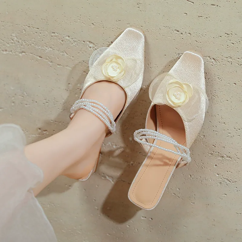 🔥2025 HOT SALE -50%🔥New Arrival Chunky Heel Mid-Height Women's Shoes Versatile Floral Silk Pumps French Mary Jane Square-Toe Flats for Women