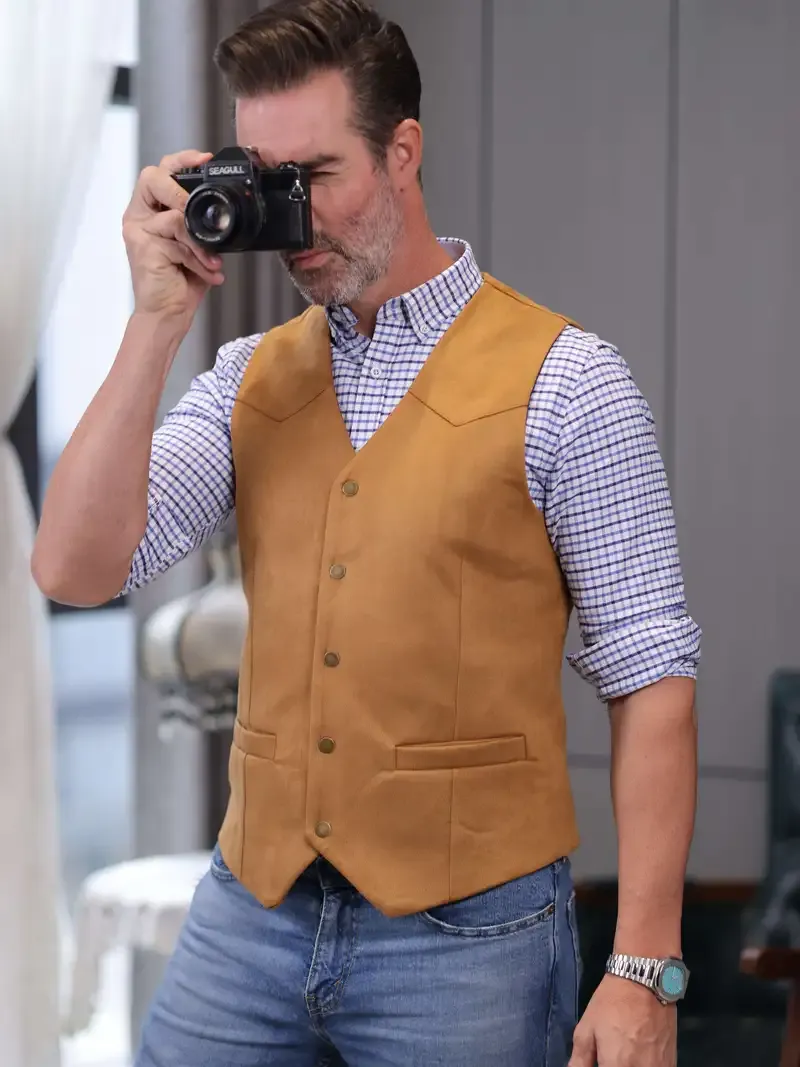 Men's Suede Leather Vest Vintage Cowboy Style Sleeveless Jacket
