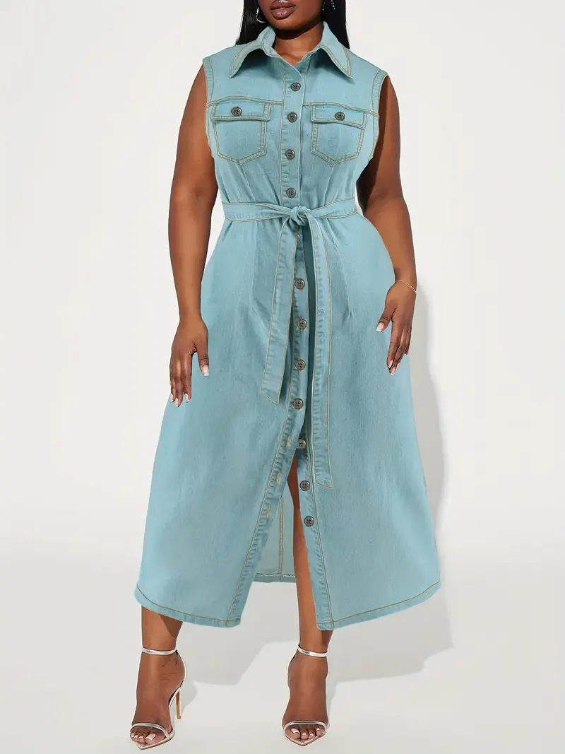 breasted Sleeveless Maxi Denim Dress