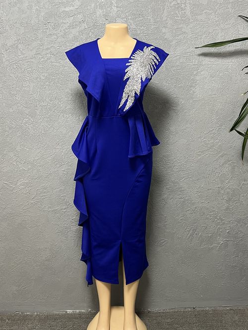 Party Long Dresses For Women  Sexy Hip Wrap Slit Ruffles Peplum Pencil Dress Sparkly Crystal Tunic Evening Gowns