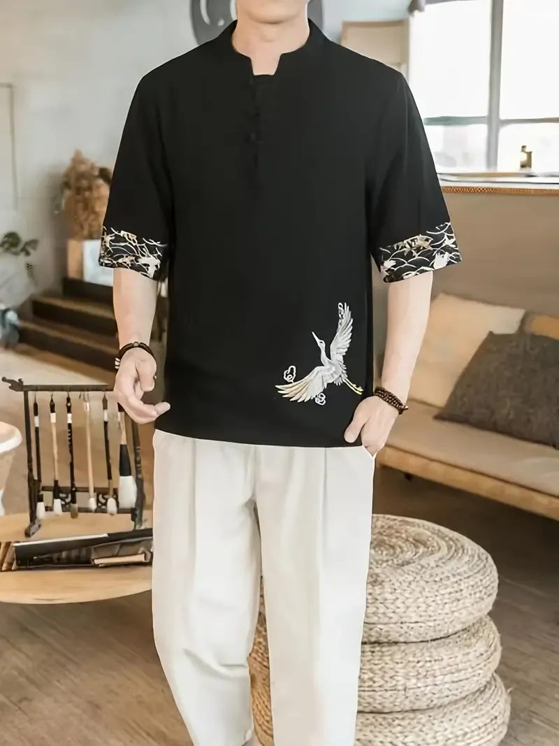 Men's Chinese Style Crane Embroidery Pure Cotton Stand Collar Short Sleeve And Frog Buttoned Henley Neck Tang Suit Shirt, Lightweight And Breathable Leisure Tops For Summer Daily And Outdoors Wear